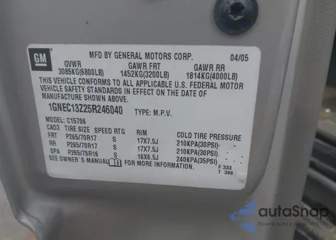 2005 Chevrolet Tahoe Z71 из США, поврежденный, VIN 1GNEC13Z25R246040